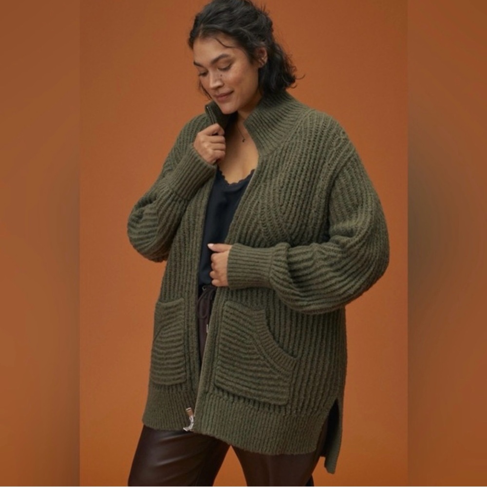 Anthropologie Pilcro Zip Front Longline Green Cardigan Sweater Wool Blend Sz 2X - Picture 2 of 16